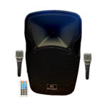 סט רמקול מוגבר (בידורית) 12 עם סוללה נטענת, תמיכה ב- SD/USB/BT, כולל טרולי,כולל 2 מיקרופונים אלחוטיים