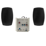 מערכת הגברה תקן לכיתה הכולל זוג רמקולים 5.25 בצבע שחור ומגבר קיר עם מפסק הפעלה וכיבוי של מקרן, 2 כניסות HDMI כולל מחלץ אודיו